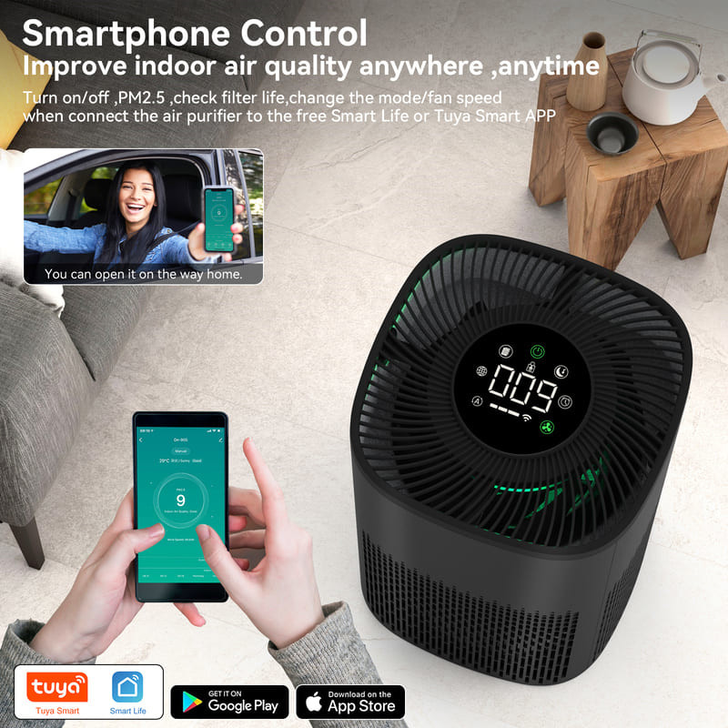 Purificador de aire HEPA de escritorio WiFi con luz tricolor LED