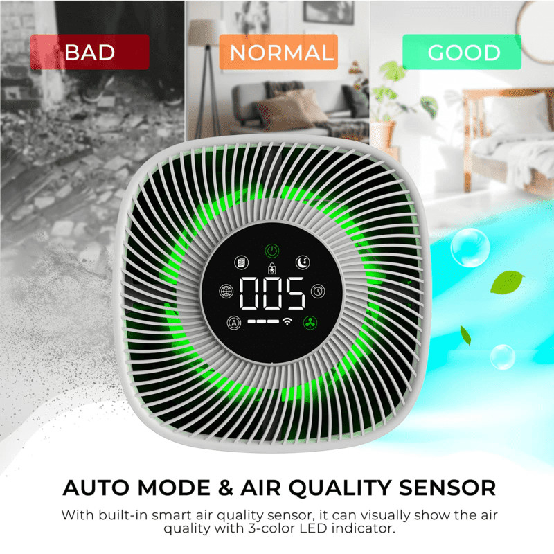 Purificador de aire inteligente con pantalla de PM2.5 y luz tricolor LED