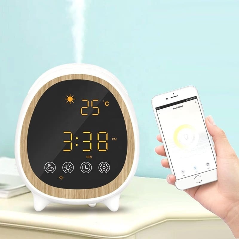 Máquina de difusión de olores con ultrasonido con control remoto y aplicación con reloj de alarma para el hogar inteligente