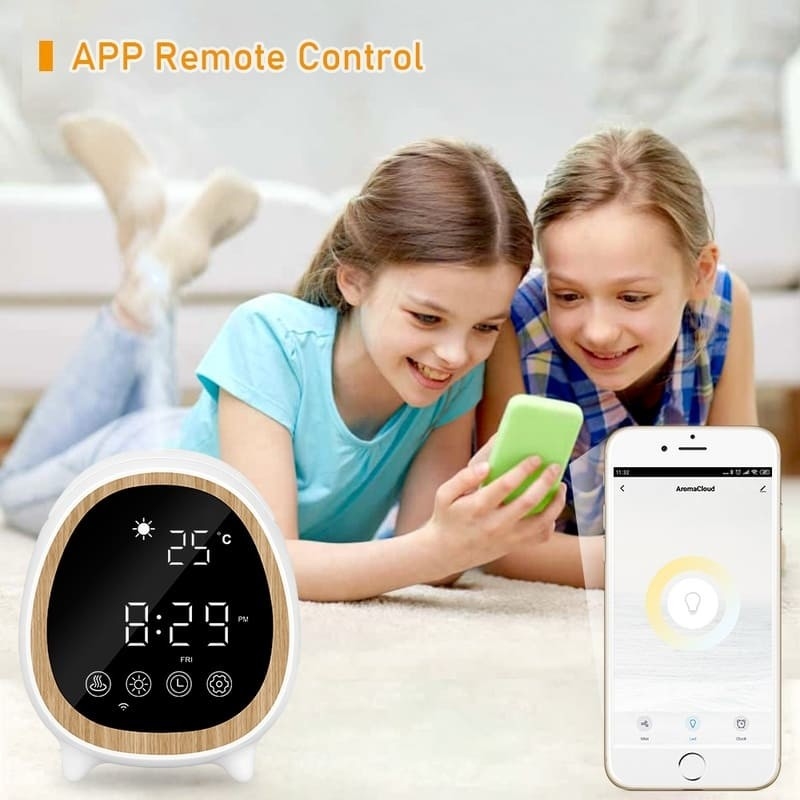 Máquina de difusión de olores con ultrasonido con control remoto y aplicación con reloj de alarma para el hogar inteligente
